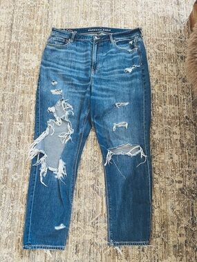 American Eagle Outfitters Women's Distressed Dark Blue Boyfriend Jeans